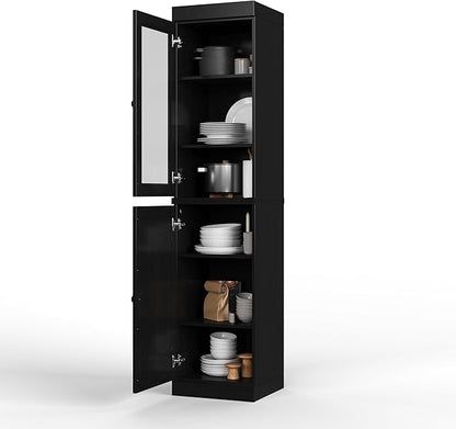Palace Imports Solid Wood Kitchen Pantry - Narrow Storage Cabinet - 16.5" Wide x 71.5" Tall - 1 Raised Panel & 1 Glass Door, Black, Adjustable Shelves, 100% Eco-Friendly Wood, Modular Cabinets