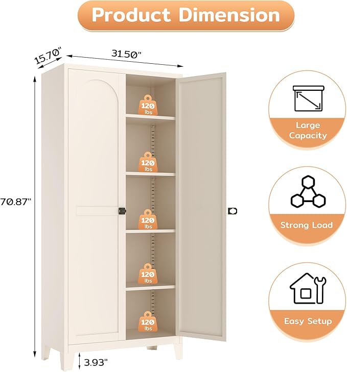 Zevemomo 70.87" Tall Metal Storage Cabinet with 3-Digit Combination Lock, Steel Pantry Cabinet with 4 Adjustable Shelves & 2 Doors, Secure Freestanding Organizer for Home, Office, Garage, Beige