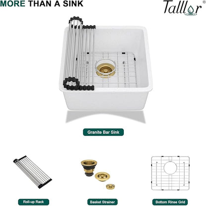 17"x17" White Undermount Bar Sink - Granite Composite Single Bowl Classic Quartz Under Counter Sink for RV, Kitchen Bar, Boat, and Outdoor #TLGU-133