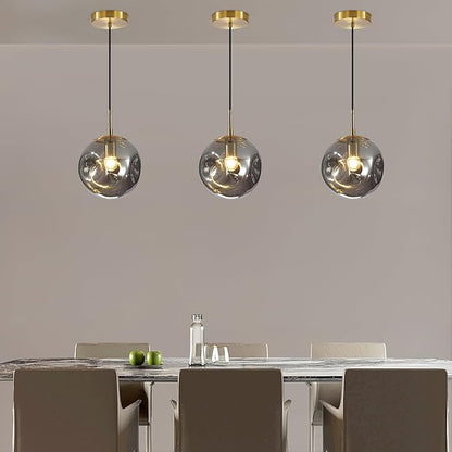 Modern Smoke Gray Concave Glass Pendant Light, 3-Pack Kitchen Island Lighting Single Globe Pendant Light Fixtures Century Kitchen Island Pendant Light for Bedroom Dining Room Light (Without Bulbs)