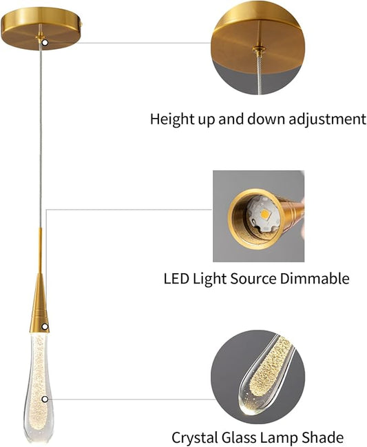 LMQNINE Kitchen Light Fixtures Ceiling Dimmable LED Modern Gold Pendant Light Mini Teardrop Crystal Pendant Light for Kitchen Island Bedroom Hallway Entryway (3-Pack) (020-3)