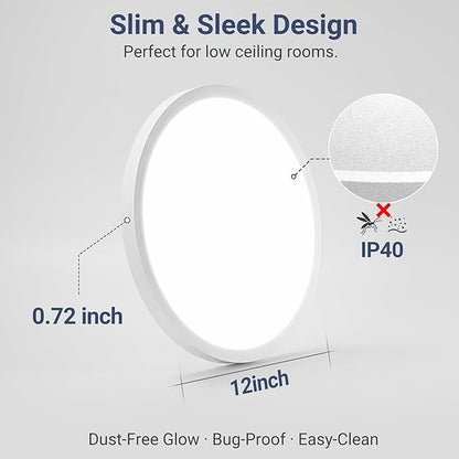 6 Pack 2640LM LED Flush Mount Ceiling Light, 24W Dimmable & 5 CCT Selectable (2700K-6500K), 12 Inch Ultra-Thin Round Flat Light Fixture for Bedroom Kitchen Hallway, White