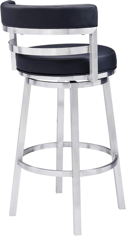 Armen Living Madrid 30" Seat Height Swivel Modern Black Faux Leather and Brushed Stainless Steel Bar Stool for Kitchen Island Counter