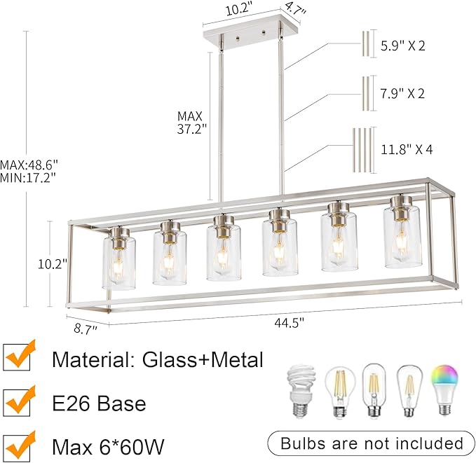 6 Light Brushed Nickel Dining Room Light Fixture Modern Farmhouse Chandelier Linear Hanging Pendant Lighting Rectangle for Kitchen Living Room Adjustable Height with Glass Shade