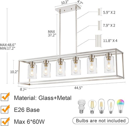 6 Light Brushed Nickel Dining Room Light Fixture Modern Farmhouse Chandelier Linear Hanging Pendant Lighting Rectangle for Kitchen Living Room Adjustable Height with Glass Shade