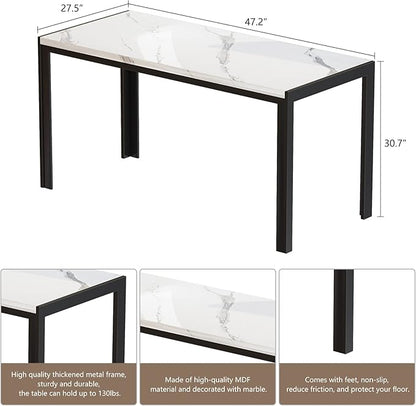 Recaceik Dining Table Set for 4, Kitchen Table and Chairs for 4, Faux Marble Dining Room Table with 2 Benches, Space Saving Dining Table and Upholstered PU Leather Bench for Small Spaces, White*