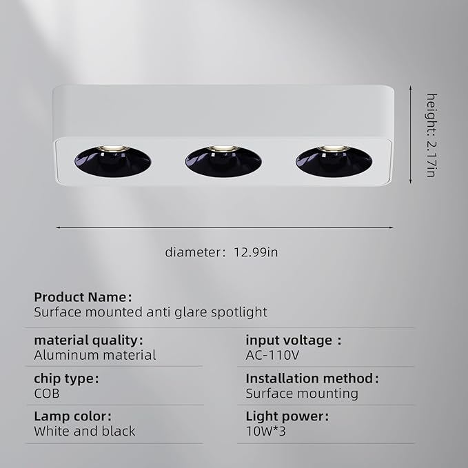 JAYMP Rectangular Modern LED Ceiling Spotlight 3000K Dimmable White Surface Mount Focus Down Light for Living Room Hallway Laundry Room (White, Triple Lamp)