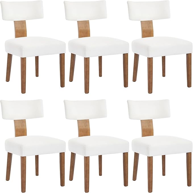 Mid Century Modern Dining Chairs, Upholstered Linen Fabric Chairs with Curved Backrest and Wood Legs, Comfy Kitchen Vanity Chairs for Dining Room/Living Room/Kitchen, Set of 6 Cream