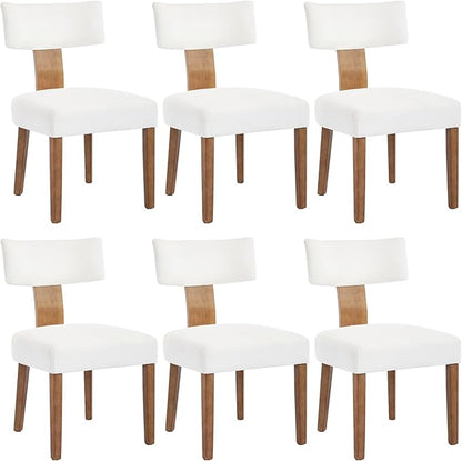 Mid Century Modern Dining Chairs, Upholstered Linen Fabric Chairs with Curved Backrest and Wood Legs, Comfy Kitchen Vanity Chairs for Dining Room/Living Room/Kitchen, Set of 6 Cream