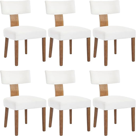 Mid Century Modern Dining Chairs, Upholstered Linen Fabric Chairs with Curved Backrest and Wood Legs, Comfy Kitchen Vanity Chairs for Dining Room/Living Room/Kitchen, Set of 6 Cream