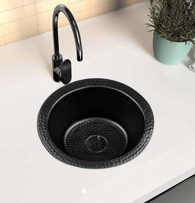 Monarch Abode Kitchen & Bar Sink – 12-inch Essex Dual Mount Drop in Bar Prep Sink, Hand Hammered Matte Black Aluminum Sinks, Drop in or Undermount Kitchen Sinks, Single Circular Dual Mount Bowl
