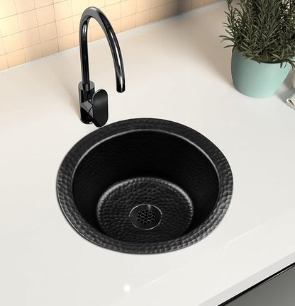 Monarch Abode Kitchen & Bar Sink – 12-inch Essex Dual Mount Drop in Bar Prep Sink, Hand Hammered Matte Black Aluminum Sinks, Drop in or Undermount Kitchen Sinks, Single Circular Dual Mount Bowl