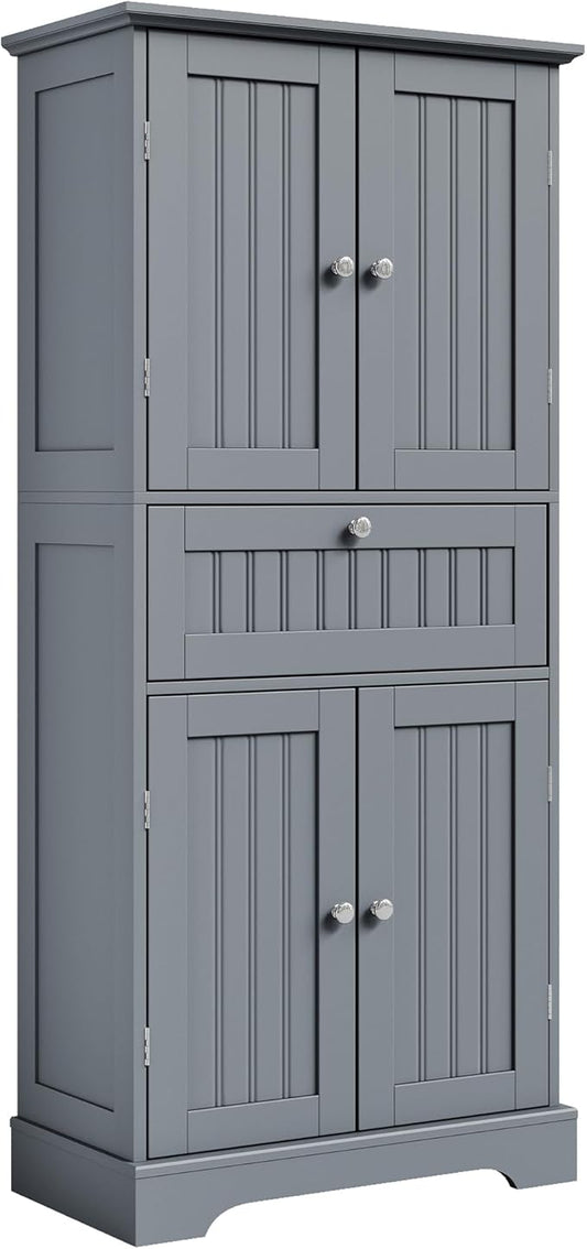 ChooChoo 51" H Tall Bathroom Floor Cabinet, Modern Bathroom Storage Cabinet with Drawer and Adjustable Shelves, Freestanding Kitchen Pantry Cupboard with 4 Doors for Living Room, Grey