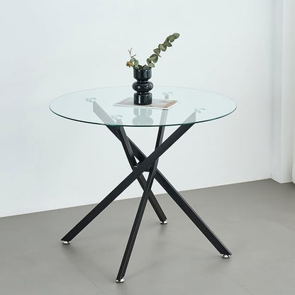 Round Glass Dining Table,Glass Dining Room Table with Metal Legs, Modern Glass Kitchen Table for Home, Kitchen, Dining Room