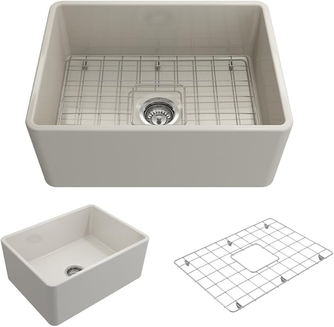 BOCCHI Classico Farmhouse Apron Front Fireclay 24 in. Single Bowl Kitchen Sink with Protective Bottom Grid and Strainer in Biscuit