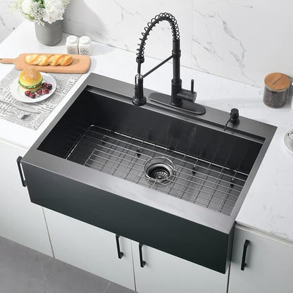 30 Inch Black Drop In Farmhouse Sink Workstation-Bokaiya 30 x 22 Black Stainless Steel Farmhouse Sink Top Mount Ledge Workstation 16 Gauge Single Bowl Drop In Kitchen Sink with Cutting Board