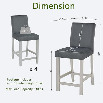 Counter Height Chairs for 4: 330 LBS Solid Wood Barstools - Ergonomic High Back Support for Kitchen Island & Dining Room - Silver Grey Upholstered Set