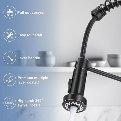 DJS Kitchen Faucets with Pull Down Sprayer Oil Rubbed Bronze -High Arc Single Handle 1 or 3 Holes Spring Kitchen Sink Faucet with Deck Plate for Farmhouse RV Vessel Basin