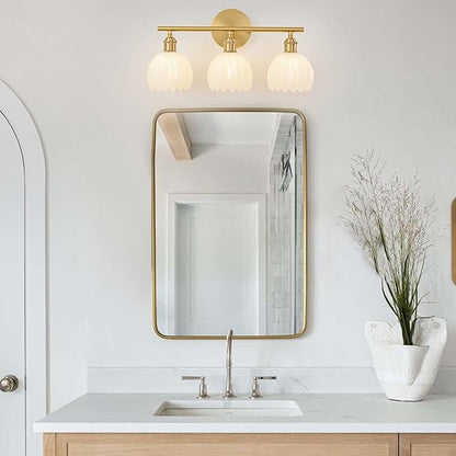 Gold Bathroom Light Fixtures Over Mirror, 3 Light Bathroom Vanity Light Fixture with Tulip Milk White Glass Lampshade, Vintage Vanity Lights for Bathroom, Bathroom Vanity Lights Over Mirror