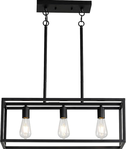 Black Kitchen Island Lighting, Modern Linear Cage Retangular Chandelier, 3 Lights Industrial Metal Hanging Light Fixture for Farmhouse Kitchen Dining Room Bar Foyer