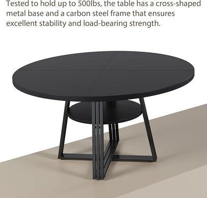 GarveeHome 47 Inch Round Dining Table for 4-6, Farmhouse Pedestal Kitchen Table with Storage Shelf, Space-Saving Circle, for Kitchen, Dining Room, Living Room, Apartment, Table Only- Black