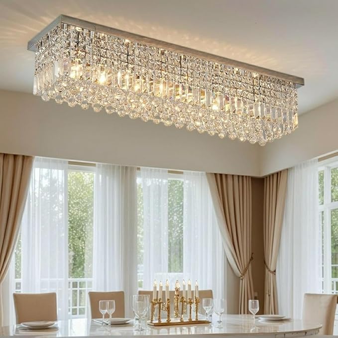 8-Light Gold Crystal Chandelier, Modern K9 Crystal Rectangle Chandelier for Dining Room Kitchen Island Hanging Pendant Light Fixture, L40 x W10 x H10