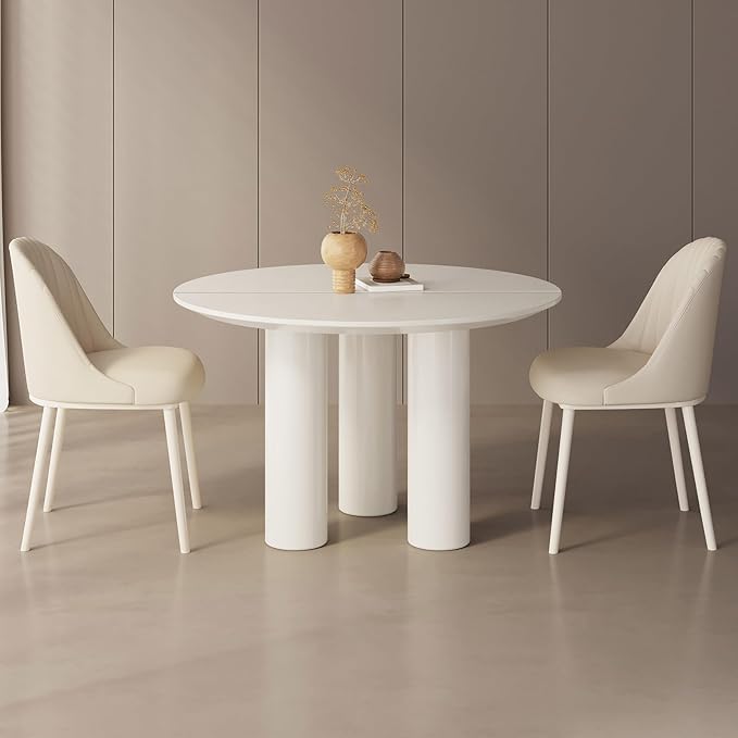 Miuuod 46" White Round Dining Table with 2 Cushion Chairs, with Space Saving Sturdy Leg for 2-6 People,Center Table Suitable Kitchen,Balcony or Living Room,Coffee Side Table