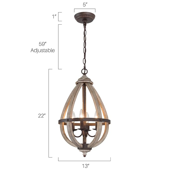 Farmhouse Chandelier, Orb Wood Chandelier, 4-Light Entryway Foyer Lighting with Hand-Brushed Rust Metal Finish, Brown