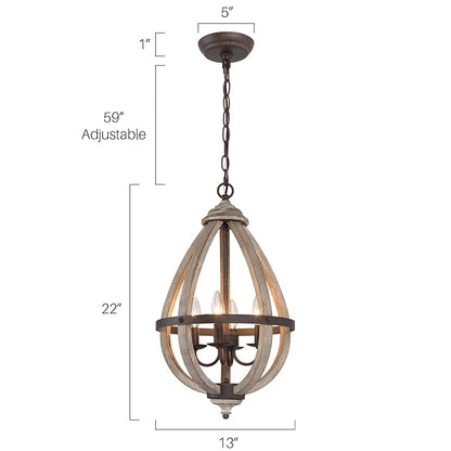 Farmhouse Chandelier, Orb Wood Chandelier, 4-Light Entryway Foyer Lighting with Hand-Brushed Rust Metal Finish, Brown