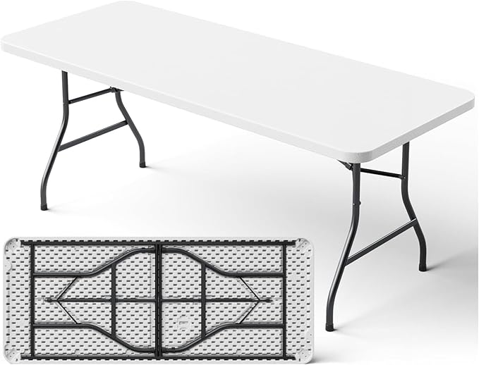 6ft Folding Table, Heavy Duty Plastic Card Table with Foldable Steel Legs, Metal Frame Support up to 600 lb, Portable for Indoor, Outdoor, Picnic, Camping, Dining, Party, White