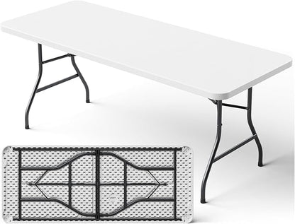 6ft Folding Table, Heavy Duty Plastic Card Table with Foldable Steel Legs, Metal Frame Support up to 600 lb, Portable for Indoor, Outdoor, Picnic, Camping, Dining, Party, White