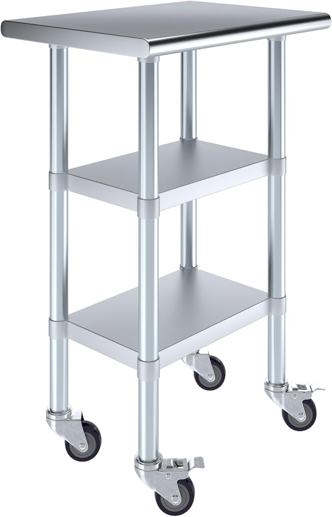Stainless Steel Work Table with 2 Shelves and Casters | Kitchen Island Food Prep | Laundry Garage Utility Bench | NSF Certified (24" Long x 18" Deep)