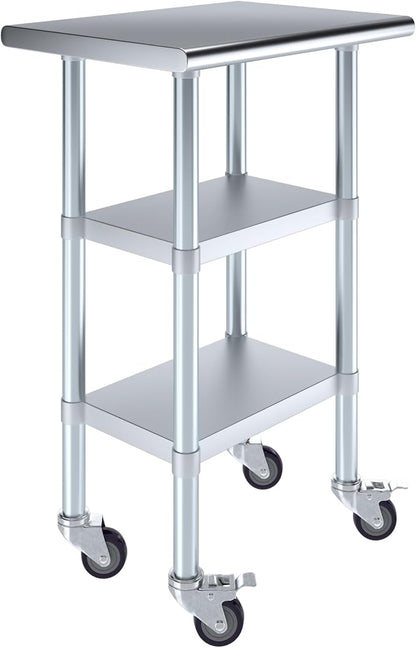 Stainless Steel Work Table with 2 Shelves and Casters | Kitchen Island Food Prep | Laundry Garage Utility Bench | NSF Certified (24" Long x 18" Deep)