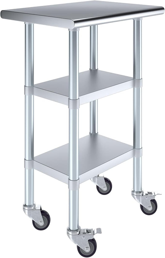 Stainless Steel Work Table with 2 Shelves and Casters | Kitchen Island Food Prep | Laundry Garage Utility Bench | NSF Certified (24" Long x 18" Deep)