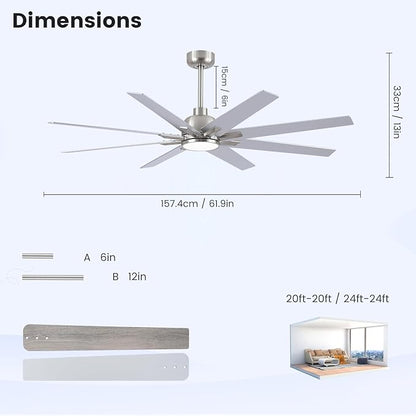 Newday 62 inch Brushed Nickel Ceiling Fan with Light & Remote, Indoor/Outdoor 8-Blade Fan, 6-Speed Silent Reversible DC Motor, 3CCT LED, Timer, 2 Downrods for Living Room/Patio