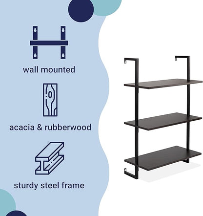 happimess MSH1000A Madera 40.55" Classic Industrial 3-Shelf Wood Wall-Mounted Open Ladder Bookcase with Metal Frame, Black