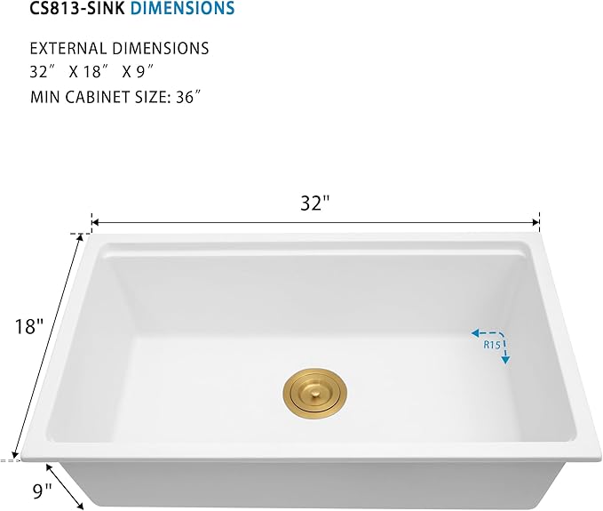 White Undermount Kitchen Sink 32 Inch - Drop In Granite Quartz Composite Workstation Sink - Deep Single Bowl,Dual Mount,with Accessories (White, 32" x 18")