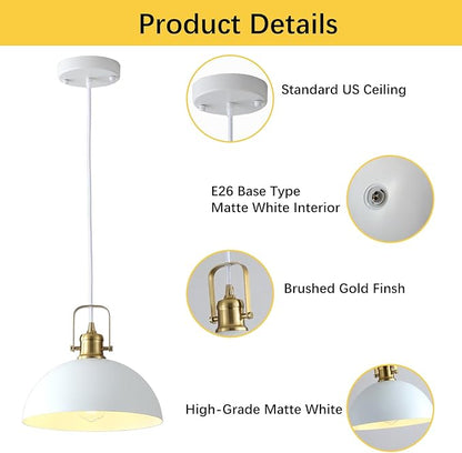 Kitchen Pendant Lighting Over Island 2 Pack, Modern White Gold Metal Pendant Lights, Ceiling Hanging for Kitchen Living Dining Room Restaurant Hallway Entrance