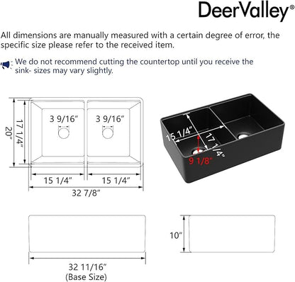 DeerValley Farmhouse Sink Workstation 33 inch, Black Fireclay Apron Front Farm Sinks, Double Bowl Deep Drop-in Undermount Sink with Workstation Accessories