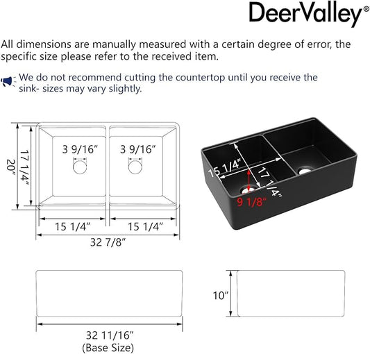 DeerValley Farmhouse Sink Workstation 33 inch, Black Fireclay Apron Front Farm Sinks, Double Bowl Deep Drop-in Undermount Sink with Workstation Accessories