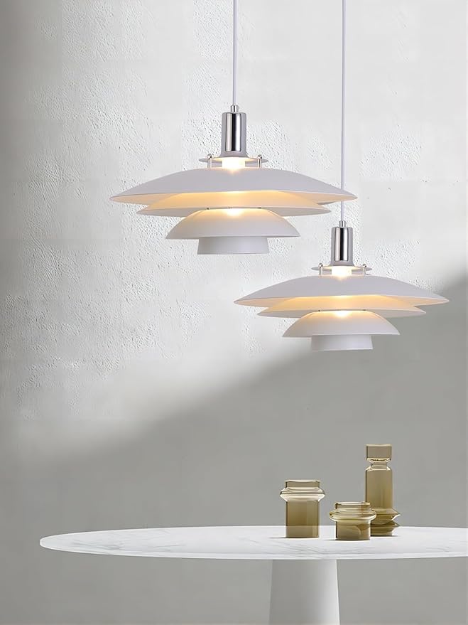 FCTWAKS Mid Century Modern Pendant Light, 15" Nordic Hanging Ceiling Light Fixture with 4-Tier Metal Shade, E26 Base, Vintage Pendant Lamp for Kitchen Island, Dining Room White