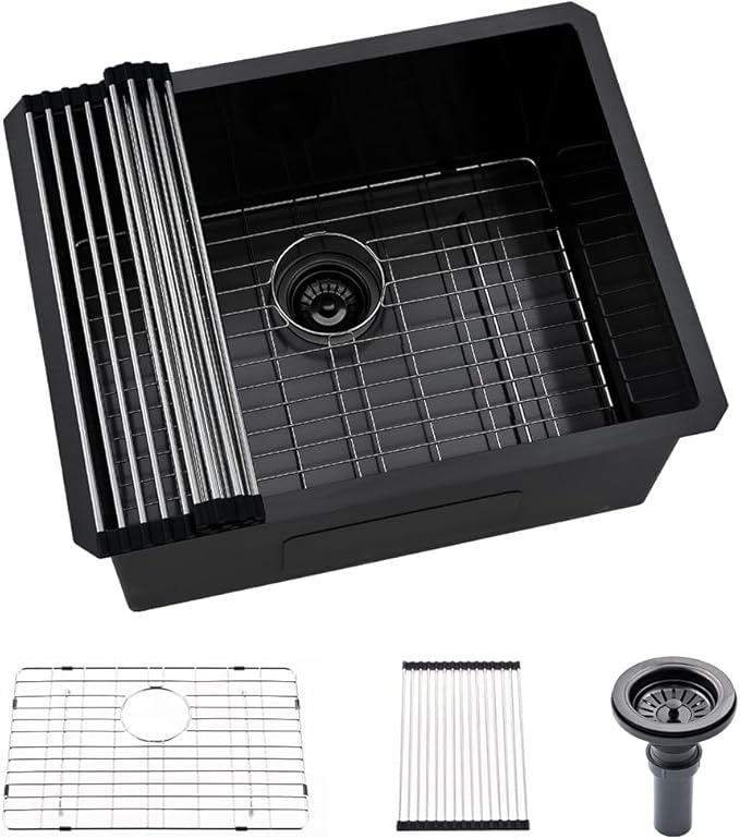 Black Stainless Steel Undermount Laundry Sink-Hovheir 24x19x12 Deep Undermount Stainless Steel Utility Sink Matte Black 16 Gauge Single Bowl Laundry Room Sinks Outdoor