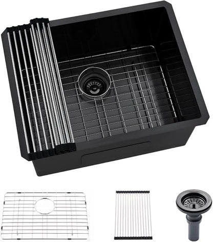 Black Stainless Steel Undermount Laundry Sink-Hovheir 24x19x12 Deep Undermount Stainless Steel Utility Sink Matte Black 16 Gauge Single Bowl Laundry Room Sinks Outdoor