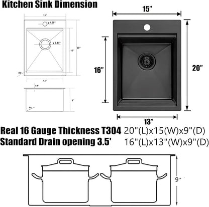 IKEBANA 15 Inch Black Bar Sink Drop In, 16 Gauge Stainless Steel Topmount Small Kitchen Sink, 15x20 Inch Single Bowl Wet Bar Outdoor RV Prep Laundry Sinks With Dish Grid& Drain
