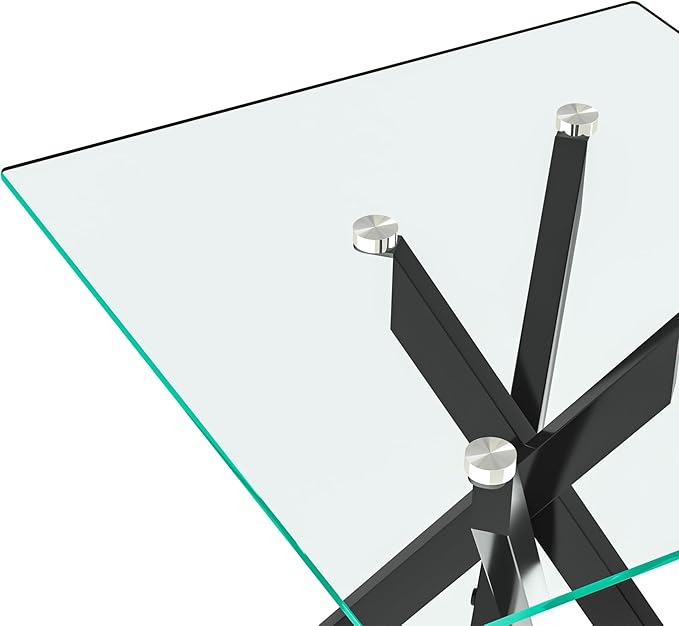 Square Side Table with X-Shaped Chrome Metal Base, Tempered Glass End Tables Small End Table, Living Room Sofa Couch Side Table, Modern Bedsde Tables Bedroom Night Stand, Black Nightstand