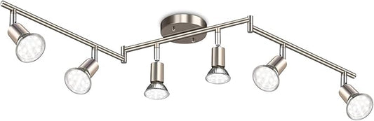 Ascher 6-Light LED Track Lighting Kit, Flexibly Rotatable Light Heads, 6 Way Ceiling Spotlight Matt Nickel Finish, Including 6 GU10 LED Bulbs (4W 400LM Daylight White 5000K)