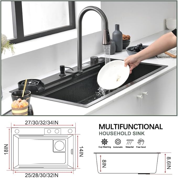 Black Kitchen Sink, 30 Inch Nano Stainless Steel Waterfall, Countertop Workstation Single Sink Set & Accessories, for Countertop, Kitchen, Bar (BLACK, 30IN)