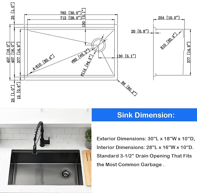 30 Inch Black Undermount Kitchen Sink Workstation - SZBAQTM 30x18 Inch Undermount Sink Stainless Steel Single Bowl 10'' Deep Handmade Kitchen sink with Cutting Board& Strainer