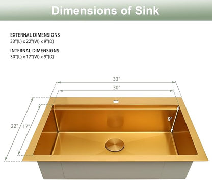 33x22 Inch Gold Drop In Kitchen Sink, 16 Gauge 304 Stainless Steel Sink, Topmount Workstation Kitchen Sink Single Bowl, Large Deep Gold Sink with Ledge & Full Accessories