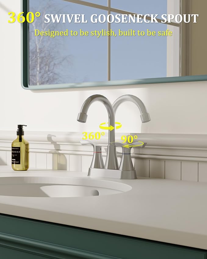 Brushed Nickel Bathroom Faucet 3 Hole, Evolvegoods 4 Inch Stainless Steel Bathroom Sink Faucet, 2 Handle Centerset Faucet for Bathroom Sink Vanity, with Pop Up Drain and 2 Supply Hoses